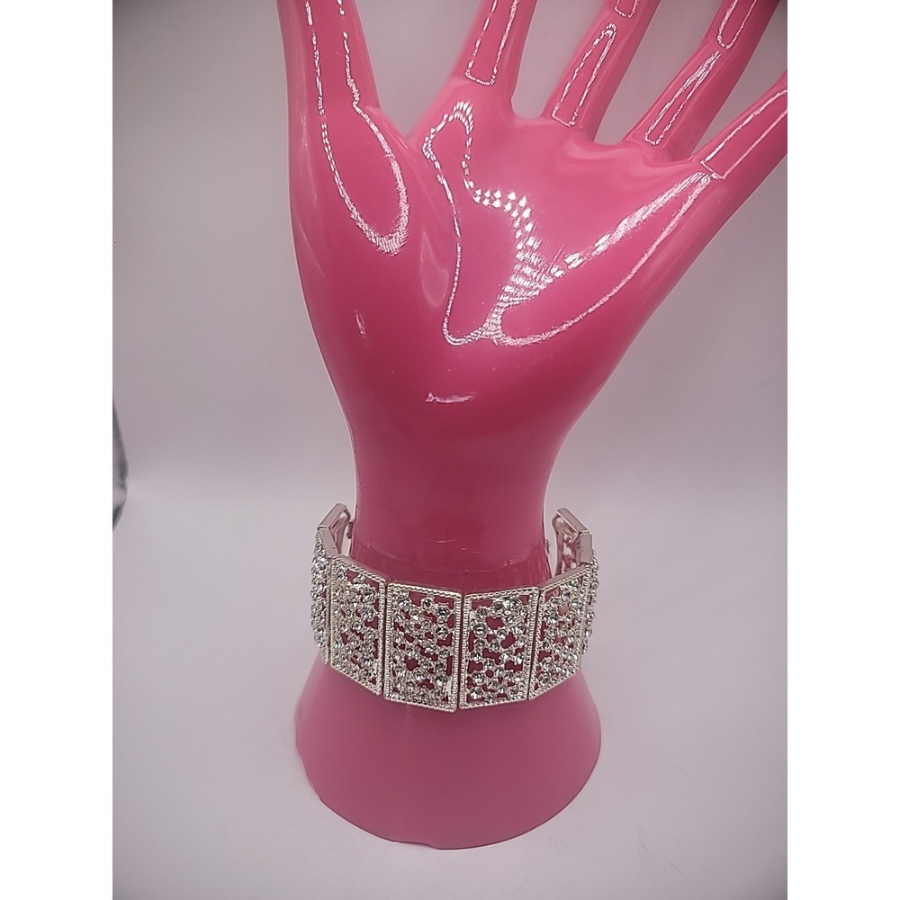 Vintage Bracelet Silver Tone Crystals‎ Stretch Magnetic Rectangle Jewelry